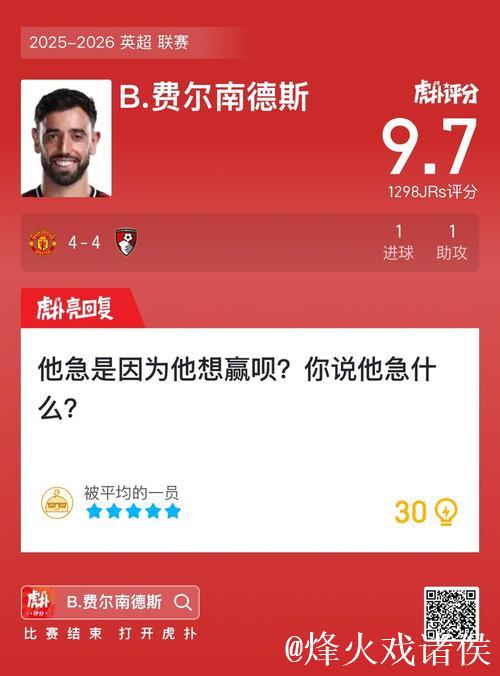 曼联4-4战平伯恩茅斯：B费1射1传斩获全场最高8.8分